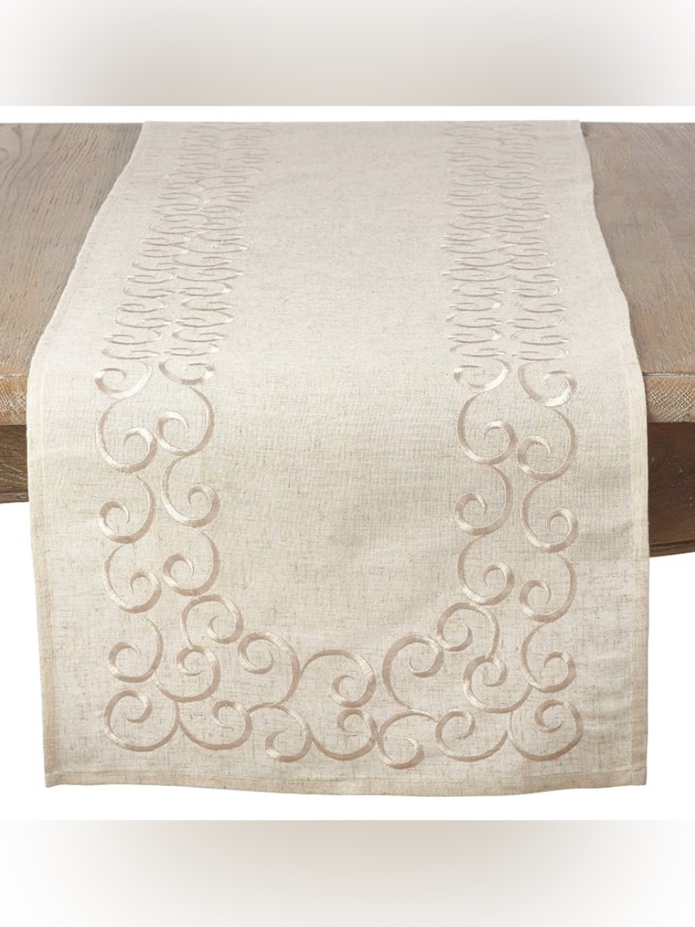SARO Swirling Embroidered Design Linen Blend Table Runner Natural 16x72